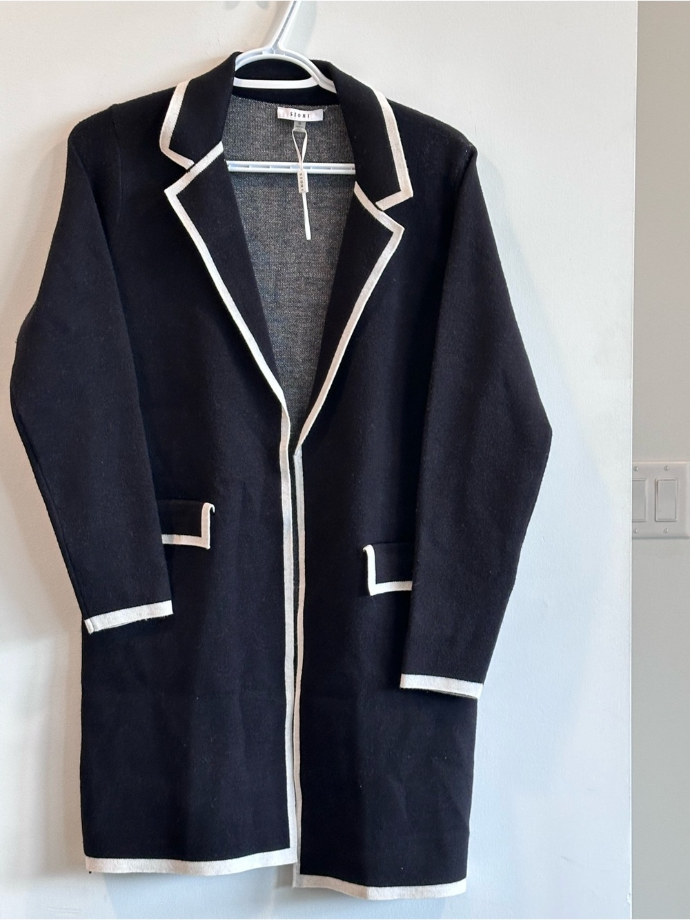 Sioni Black Pea Coat with White Contrast Trim
